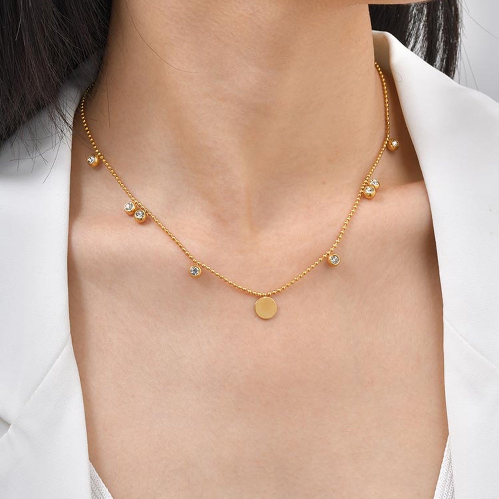 Solid Color Necklace For IG Style Featuring 304 Stainless Steel With 18K Real Gold Plated And Zircon Inlay On Beaded Chain