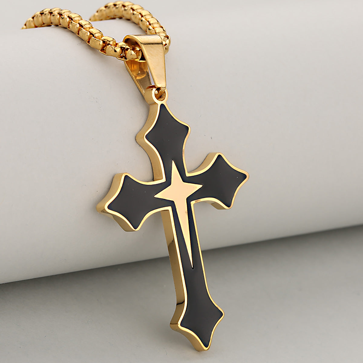Cross Pendant In 304 Stainless Steel With 18K Real Gold Plated PVD Coating 0.05µm-0.08µm Featuring Mixed Metal Process, 1 Pc Package