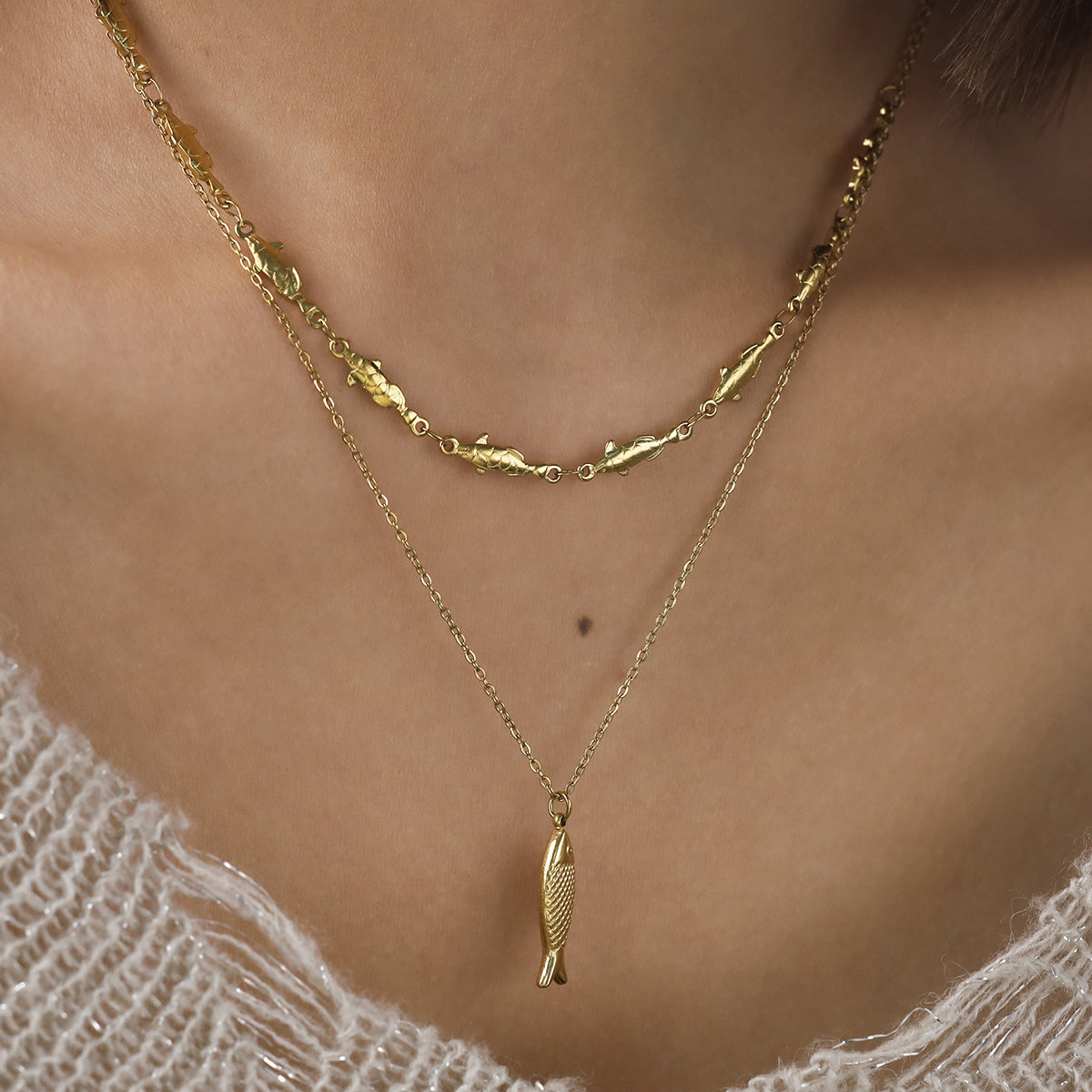 IG Style Fish Necklace For Women Featuring 304 Stainless Steel With 18K Real Gold Plated And Rhinestones