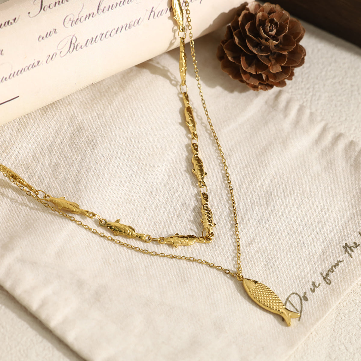 IG Style Fish Necklace For Women Featuring 304 Stainless Steel With 18K Real Gold Plated And Rhinestones