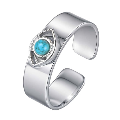 Devil's Eye 304 Stainless Steel Open Ring With Turquoise Inlay, Waterproof Non Tarnish, Unisex, One Size