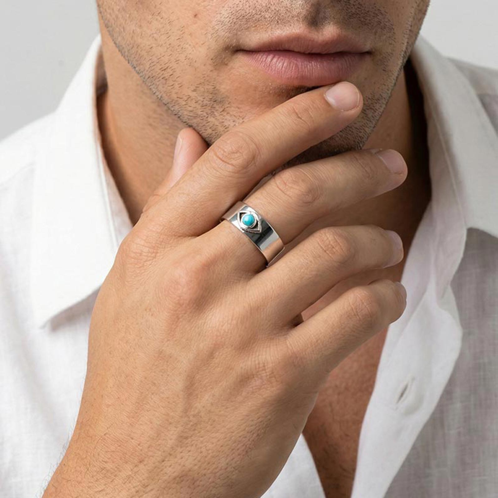 Devil's Eye 304 Stainless Steel Open Ring With Turquoise Inlay, Waterproof Non Tarnish, Unisex, One Size