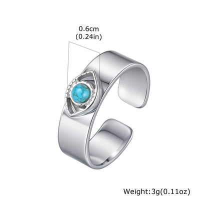 Devil's Eye 304 Stainless Steel Open Ring With Turquoise Inlay, Waterproof Non Tarnish, Unisex, One Size