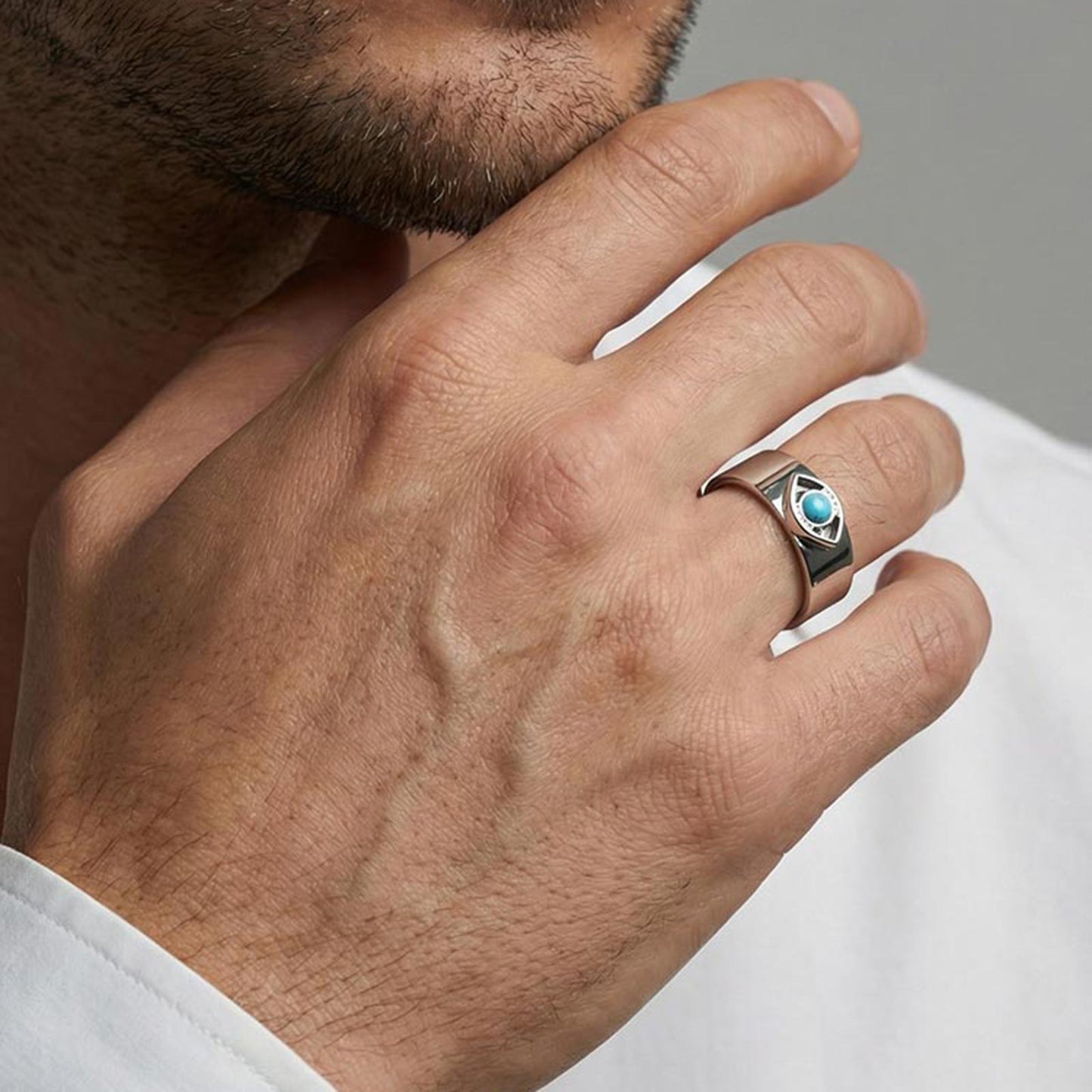 Devil's Eye 304 Stainless Steel Open Ring With Turquoise Inlay, Waterproof Non Tarnish, Unisex, One Size