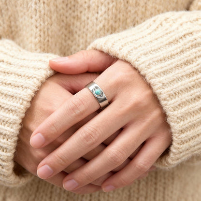 Devil's Eye 304 Stainless Steel Open Ring With Turquoise Inlay, Waterproof Non Tarnish, Unisex, One Size