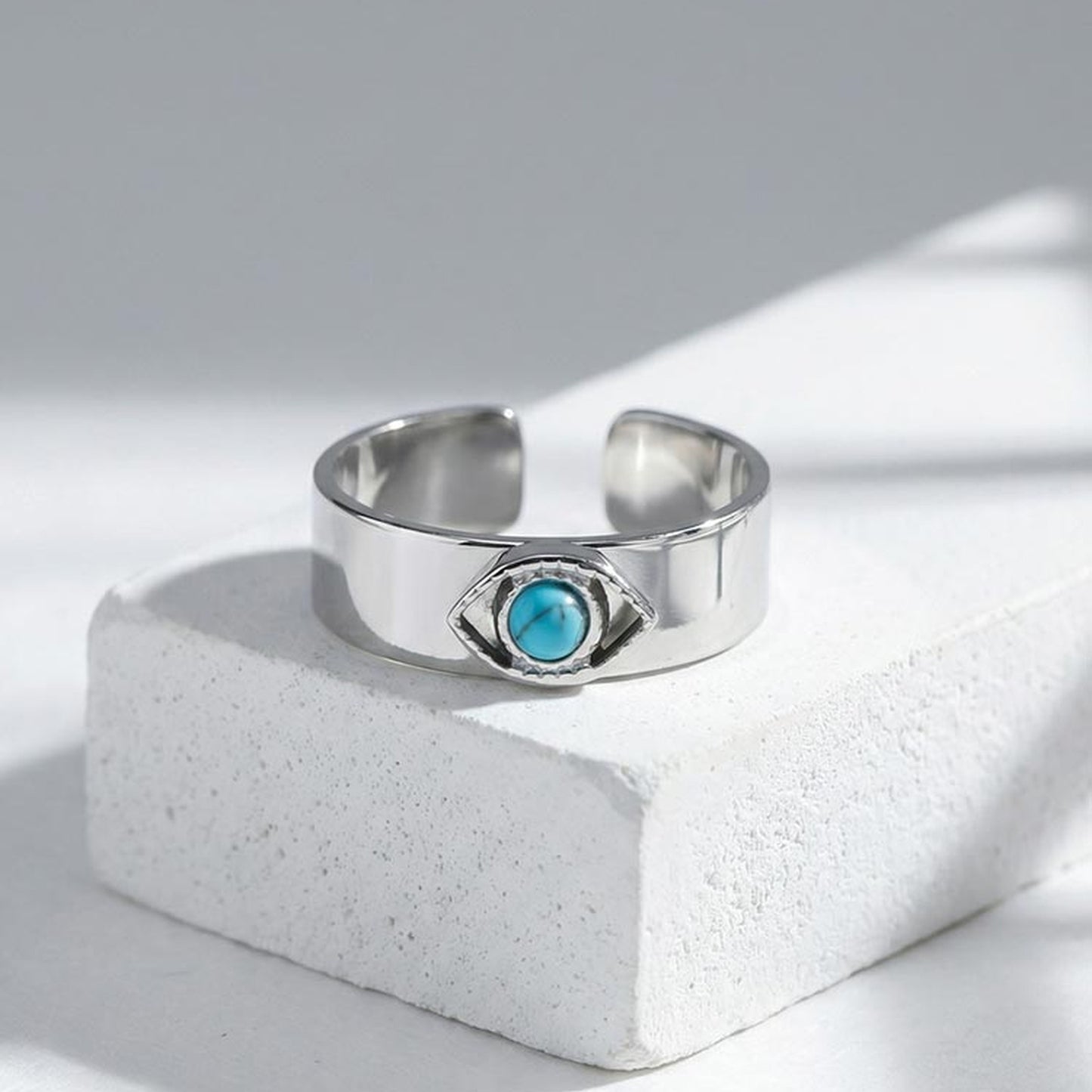 Devil's Eye 304 Stainless Steel Open Ring With Turquoise Inlay, Waterproof Non Tarnish, Unisex, One Size