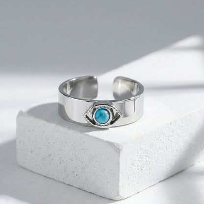 Devil's Eye 304 Stainless Steel Open Ring With Turquoise Inlay, Waterproof Non Tarnish, Unisex, One Size