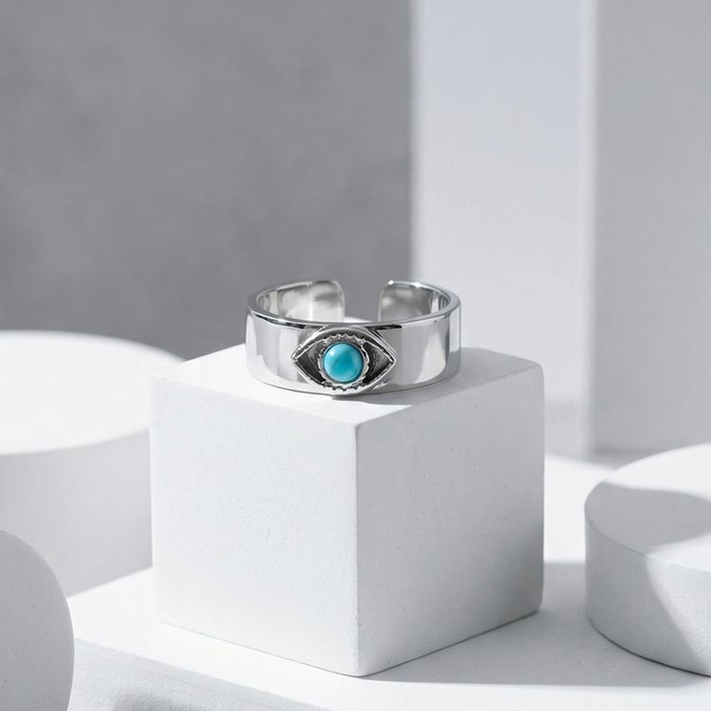 Devil's Eye 304 Stainless Steel Open Ring With Turquoise Inlay, Waterproof Non Tarnish, Unisex, One Size