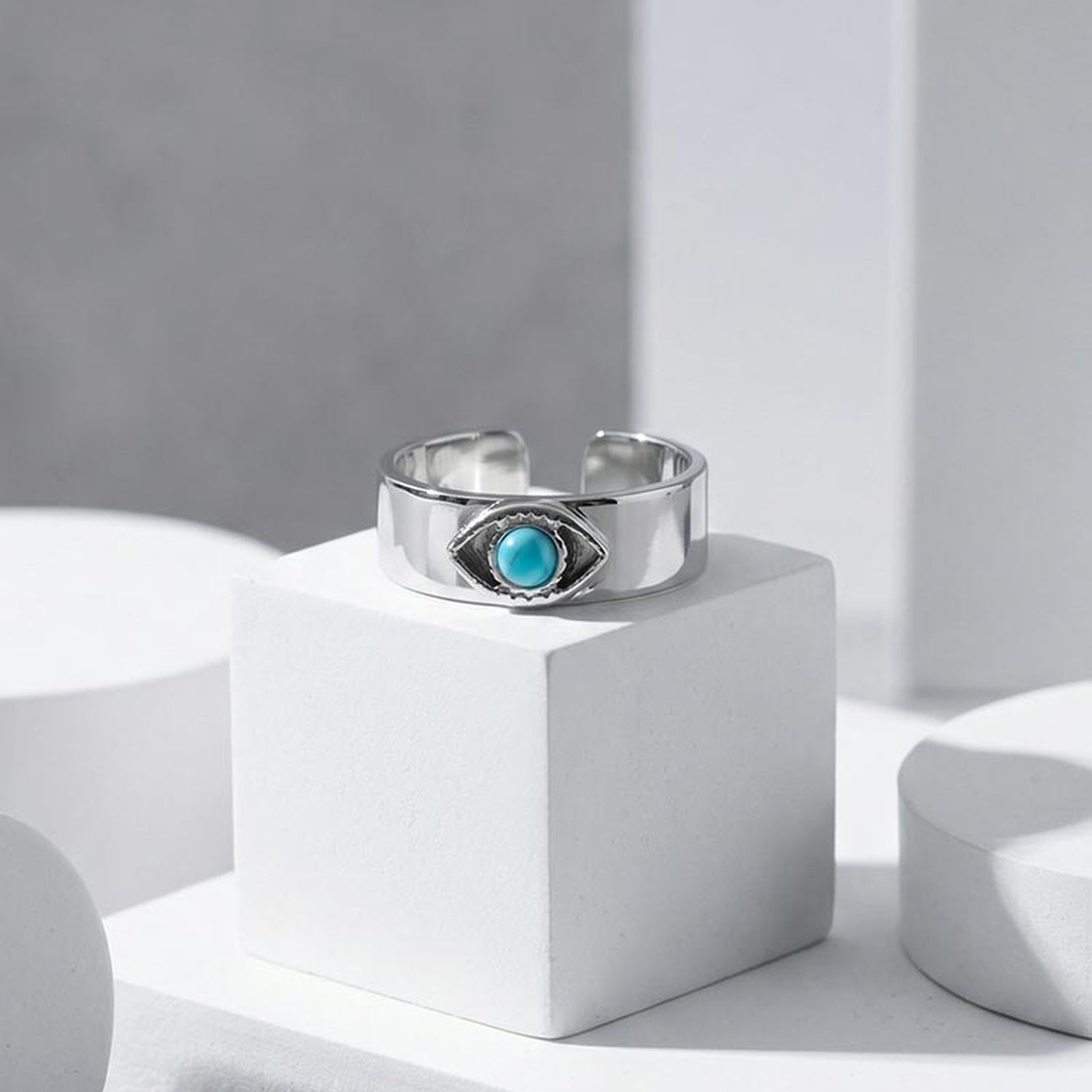 Devil's Eye 304 Stainless Steel Open Ring With Turquoise Inlay, Waterproof Non Tarnish, Unisex, One Size
