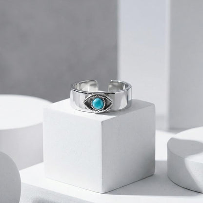 Devil's Eye 304 Stainless Steel Open Ring With Turquoise Inlay, Waterproof Non Tarnish, Unisex, One Size