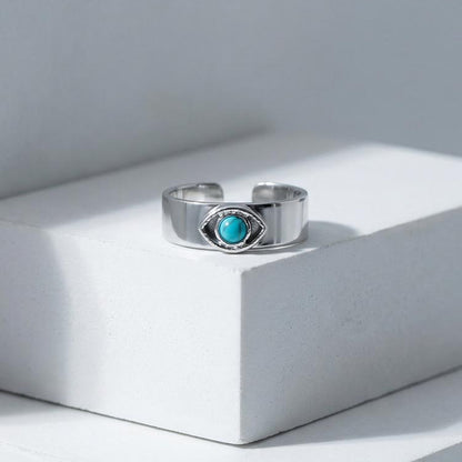Devil's Eye 304 Stainless Steel Open Ring With Turquoise Inlay, Waterproof Non Tarnish, Unisex, One Size