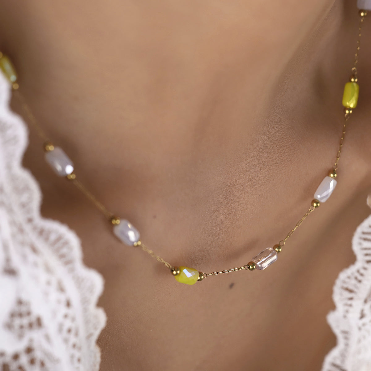 Multicolor IG Style Necklace For Women In 304 Stainless Steel With 18K Real Gold Plating And Natural Stone Inlay