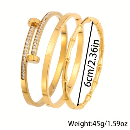 Roman Style Solid Color Bangle For New Year, 304 Stainless Steel With 18K Real Gold Plated And Zircon Inlay