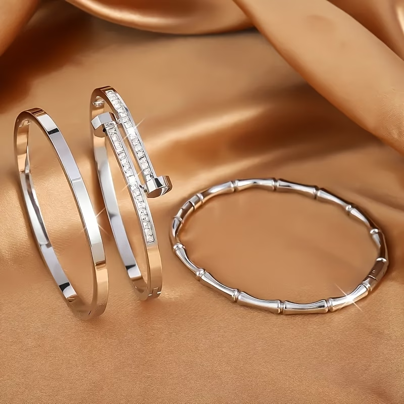 Roman Style Solid Color Bangle For New Year, 304 Stainless Steel With 18K Real Gold Plated And Zircon Inlay