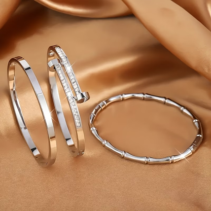 Roman Style Solid Color Bangle For New Year, 304 Stainless Steel With 18K Real Gold Plated And Zircon Inlay