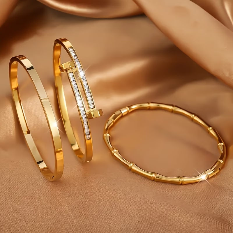 Roman Style Solid Color Bangle For New Year, 304 Stainless Steel With 18K Real Gold Plated And Zircon Inlay