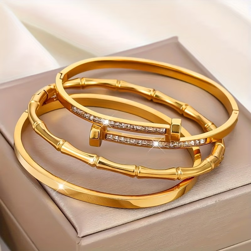 Roman Style Solid Color Bangle For New Year, 304 Stainless Steel With 18K Real Gold Plated And Zircon Inlay