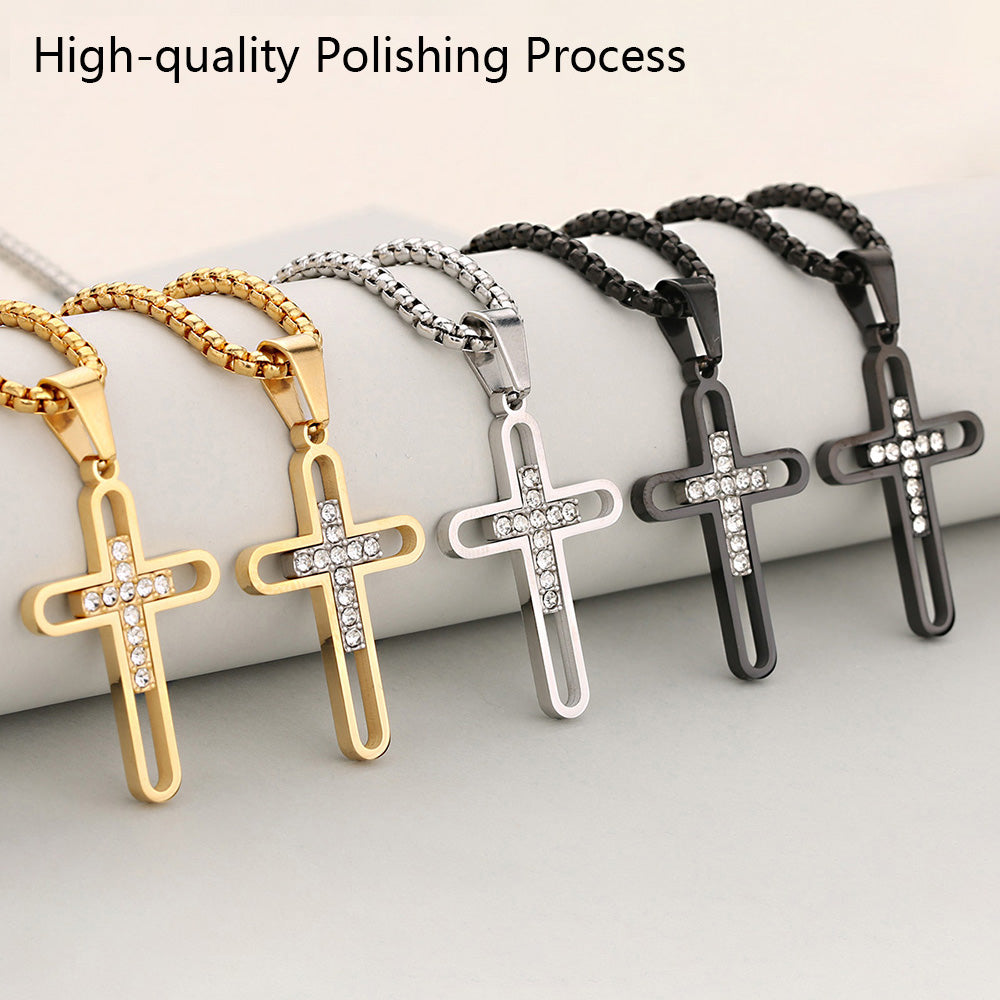 Cross Pendant In 304 Stainless Steel With 18K Real Gold Plated PVD Coating 0.05µm-0.08µm Thickness Featuring Rhinestones, 1 Pc Package