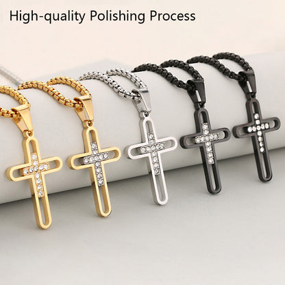 Cross Pendant In 304 Stainless Steel With 18K Real Gold Plated PVD Coating 0.05µm-0.08µm Thickness Featuring Rhinestones, 1 Pc Package