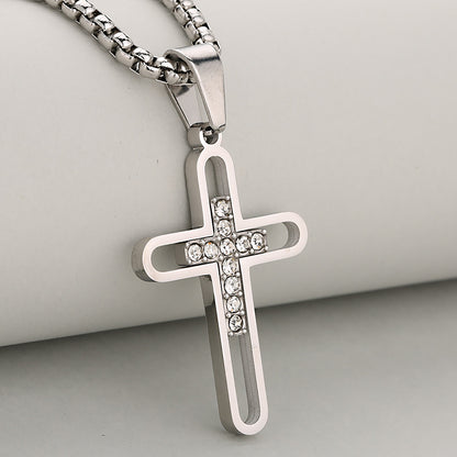 Cross Pendant In 304 Stainless Steel With 18K Real Gold Plated PVD Coating 0.05µm-0.08µm Thickness Featuring Rhinestones, 1 Pc Package