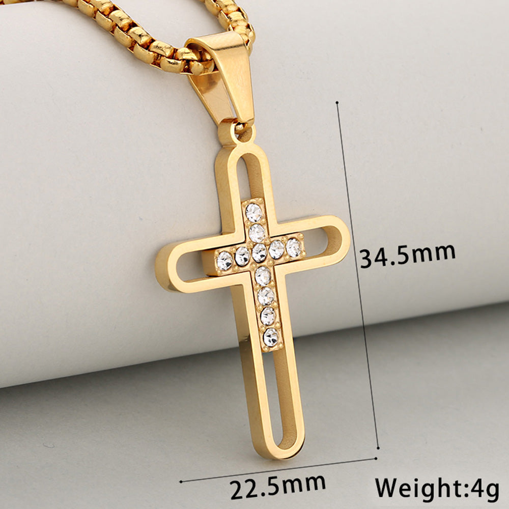 Cross Pendant In 304 Stainless Steel With 18K Real Gold Plated PVD Coating 0.05µm-0.08µm Thickness Featuring Rhinestones, 1 Pc Package