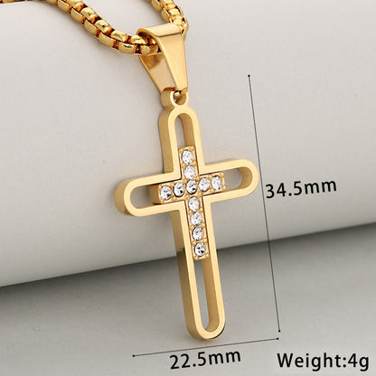 Cross Pendant In 304 Stainless Steel With 18K Real Gold Plated PVD Coating 0.05µm-0.08µm Thickness Featuring Rhinestones, 1 Pc Package