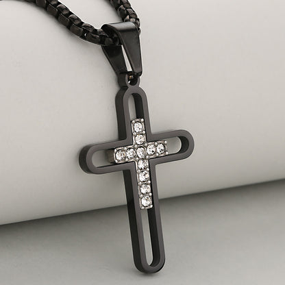 Cross Pendant In 304 Stainless Steel With 18K Real Gold Plated PVD Coating 0.05µm-0.08µm Thickness Featuring Rhinestones, 1 Pc Package