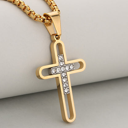 Cross Pendant In 304 Stainless Steel With 18K Real Gold Plated PVD Coating 0.05µm-0.08µm Thickness Featuring Rhinestones, 1 Pc Package