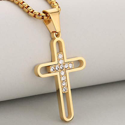 Cross Pendant In 304 Stainless Steel With 18K Real Gold Plated PVD Coating 0.05µm-0.08µm Thickness Featuring Rhinestones, 1 Pc Package