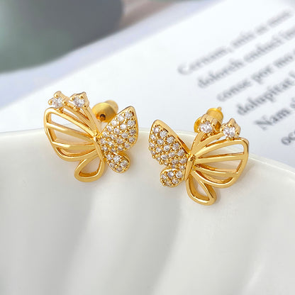 Butterfly Stud Earrings For Women In Brass With 18K Real Gold Plating And Zircon Inlay, Perfect For Mexican Independence Day
