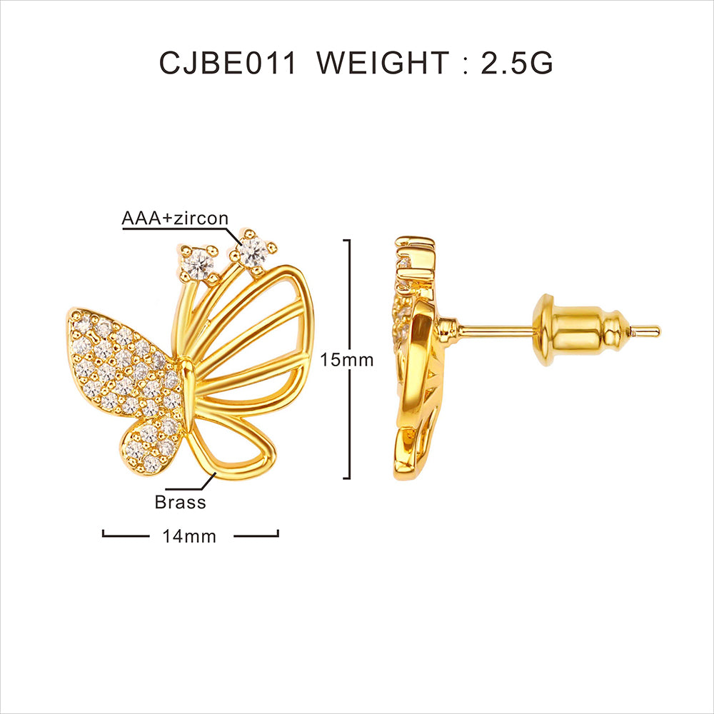 Butterfly Stud Earrings For Women In Brass With 18K Real Gold Plating And Zircon Inlay, Perfect For Mexican Independence Day