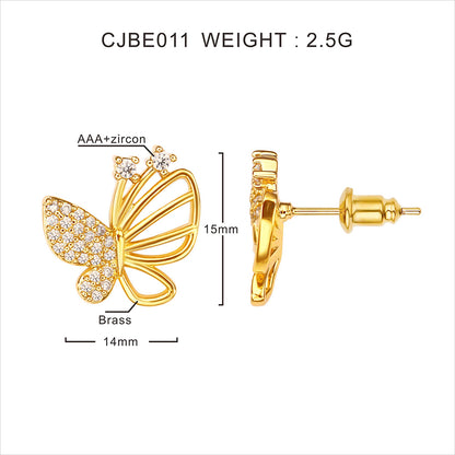 Butterfly Stud Earrings For Women In Brass With 18K Real Gold Plating And Zircon Inlay, Perfect For Mexican Independence Day