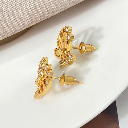 Butterfly Stud Earrings For Women In Brass With 18K Real Gold Plating And Zircon Inlay, Perfect For Mexican Independence Day
