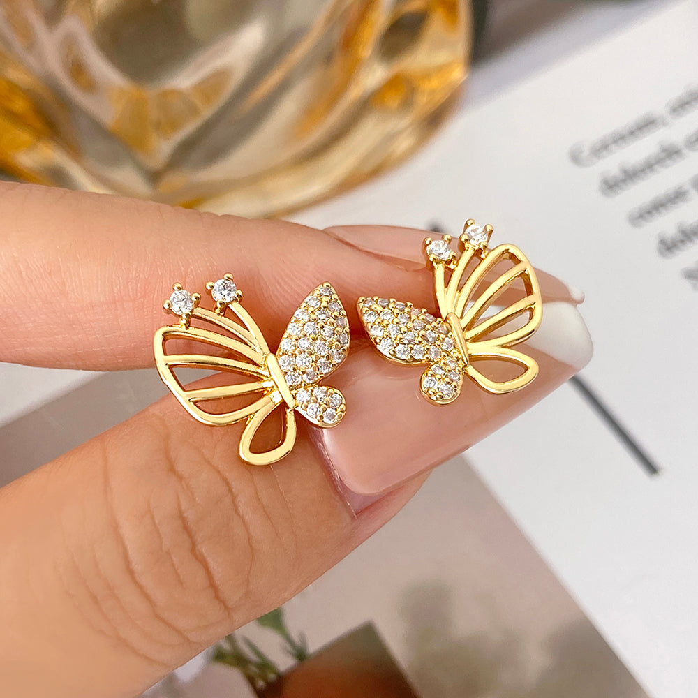 Butterfly Stud Earrings For Women In Brass With 18K Real Gold Plating And Zircon Inlay, Perfect For Mexican Independence Day