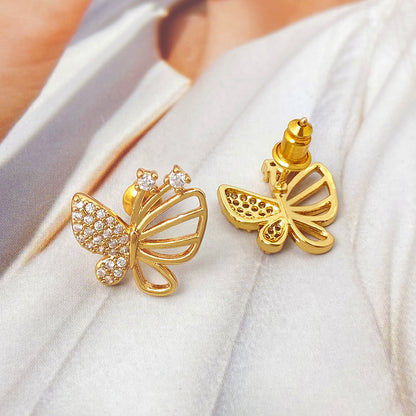 Butterfly Stud Earrings For Women In Brass With 18K Real Gold Plating And Zircon Inlay, Perfect For Mexican Independence Day