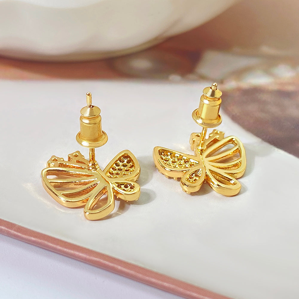 Butterfly Stud Earrings For Women In Brass With 18K Real Gold Plating And Zircon Inlay, Perfect For Mexican Independence Day