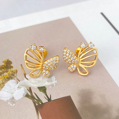 Butterfly Stud Earrings For Women In Brass With 18K Real Gold Plating And Zircon Inlay, Perfect For Mexican Independence Day