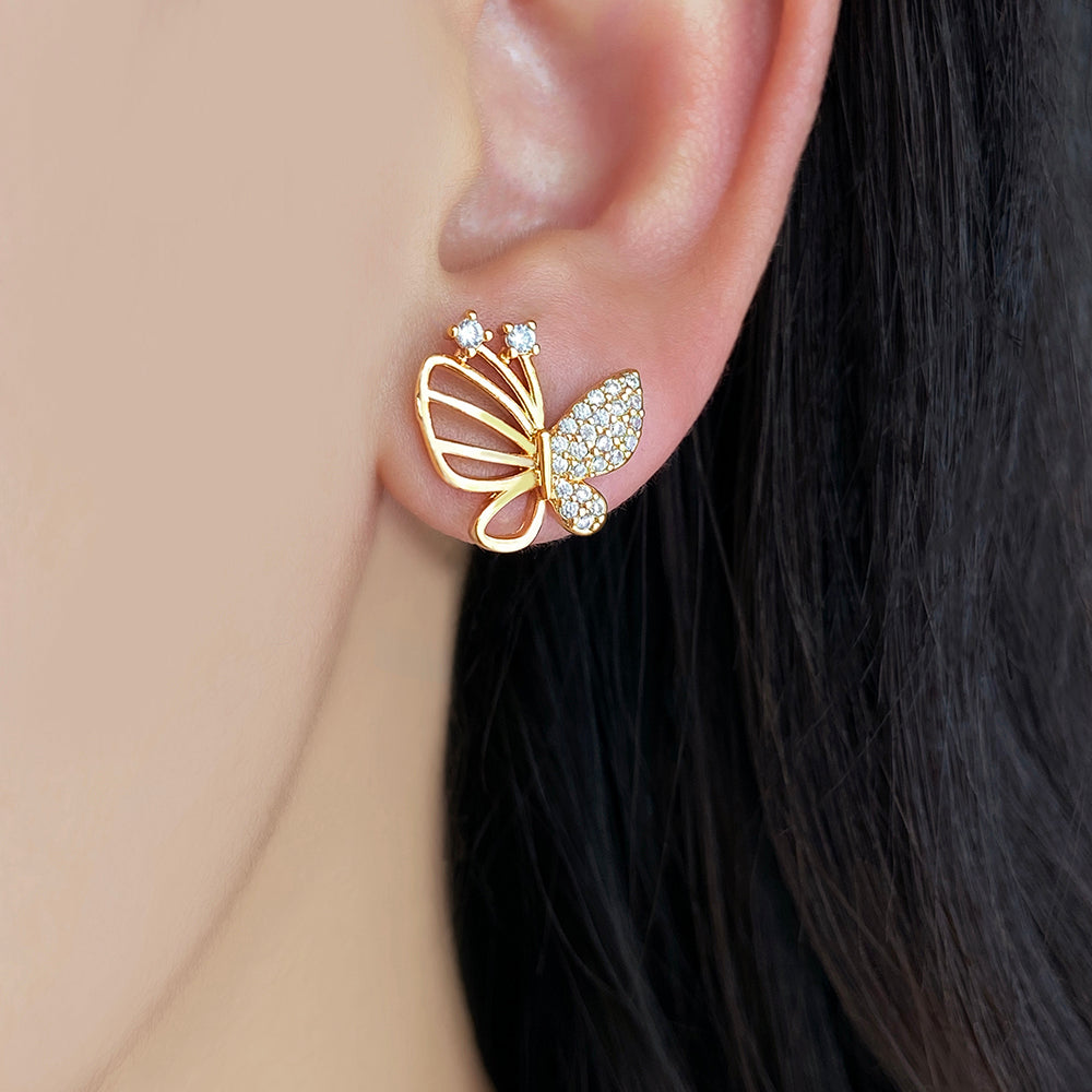 Butterfly Stud Earrings For Women In Brass With 18K Real Gold Plating And Zircon Inlay, Perfect For Mexican Independence Day