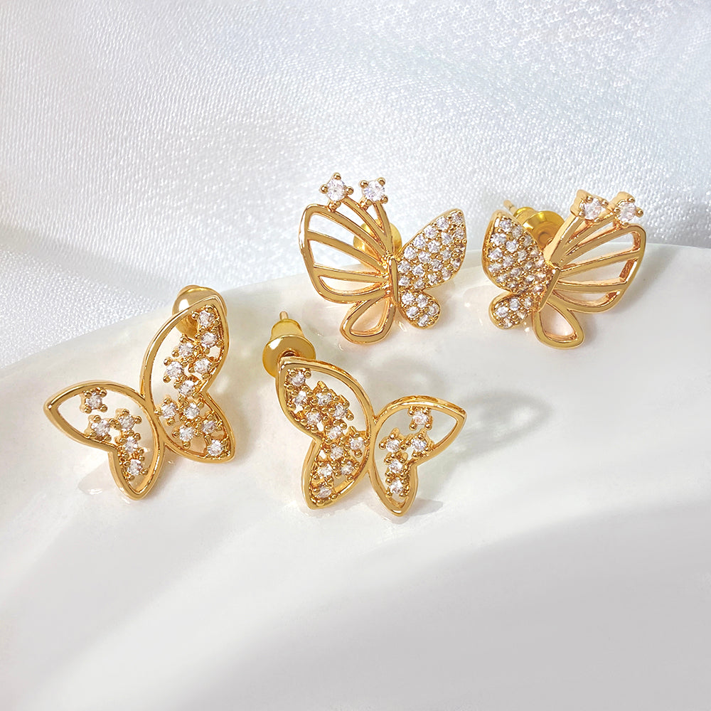 Butterfly Stud Earrings For Women In Brass With 18K Real Gold Plating And Zircon Inlay, Perfect For Mexican Independence Day