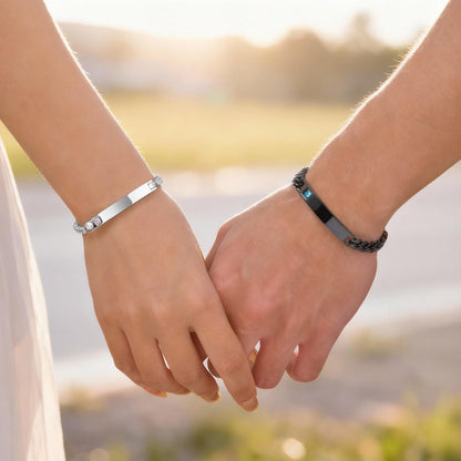 Geometric Valentine's Day Couple Bracelets For Him And Her In 304 Stainless Steel With Gun Black Plated Finish And Zircon Inlay