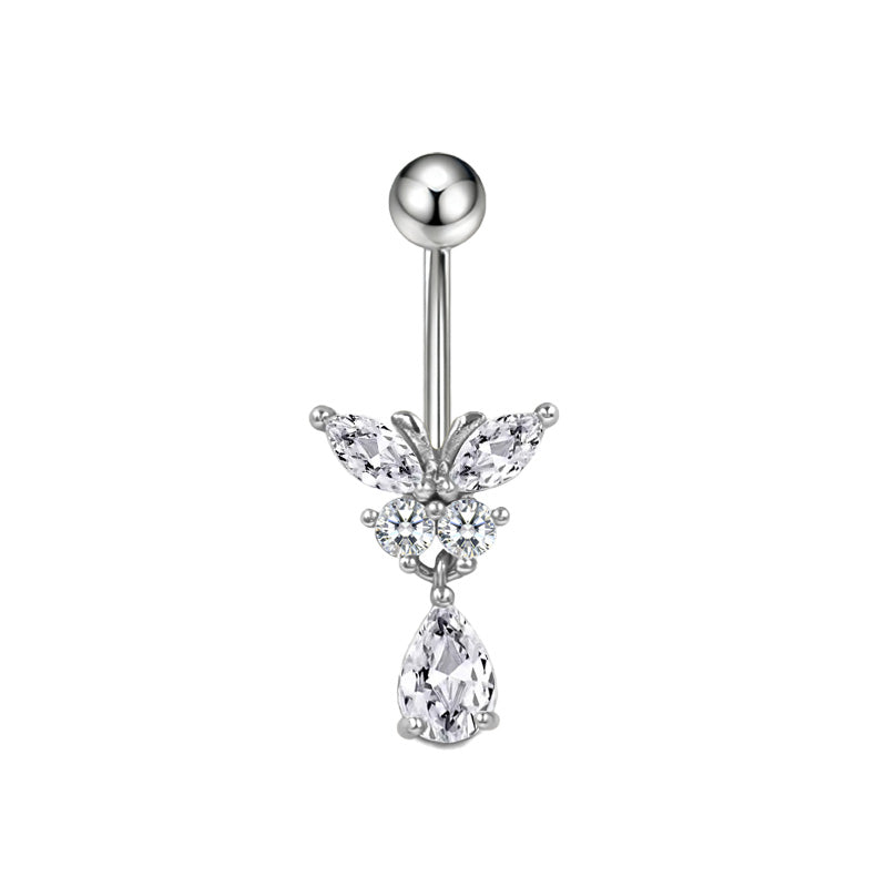 Three-dimensional Heart Shape Copper Belly Ring With Platinum Plated Electroplated Finish And Zircon Inlay