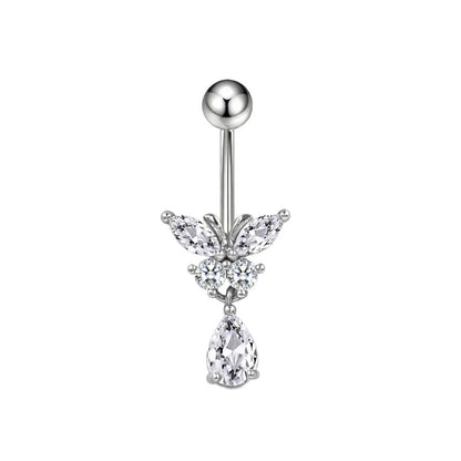 Three-dimensional Heart Shape Copper Belly Ring With Platinum Plated Electroplated Finish And Zircon Inlay