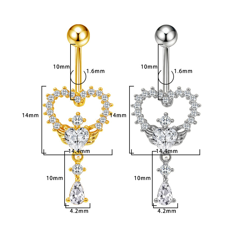 Three-dimensional Heart Shape Copper Belly Ring With Platinum Plated Electroplated Finish And Zircon Inlay