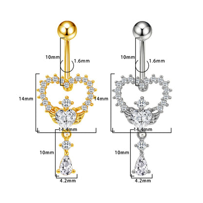 Three-dimensional Heart Shape Copper Belly Ring With Platinum Plated Electroplated Finish And Zircon Inlay