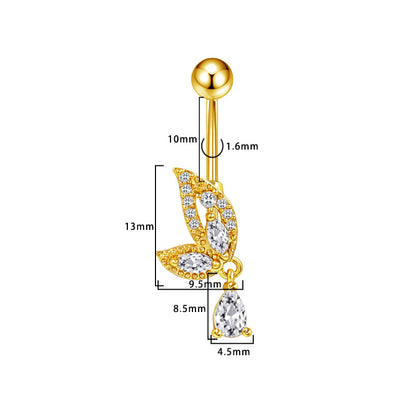 Three-dimensional Heart Shape Copper Belly Ring With Platinum Plated Electroplated Finish And Zircon Inlay