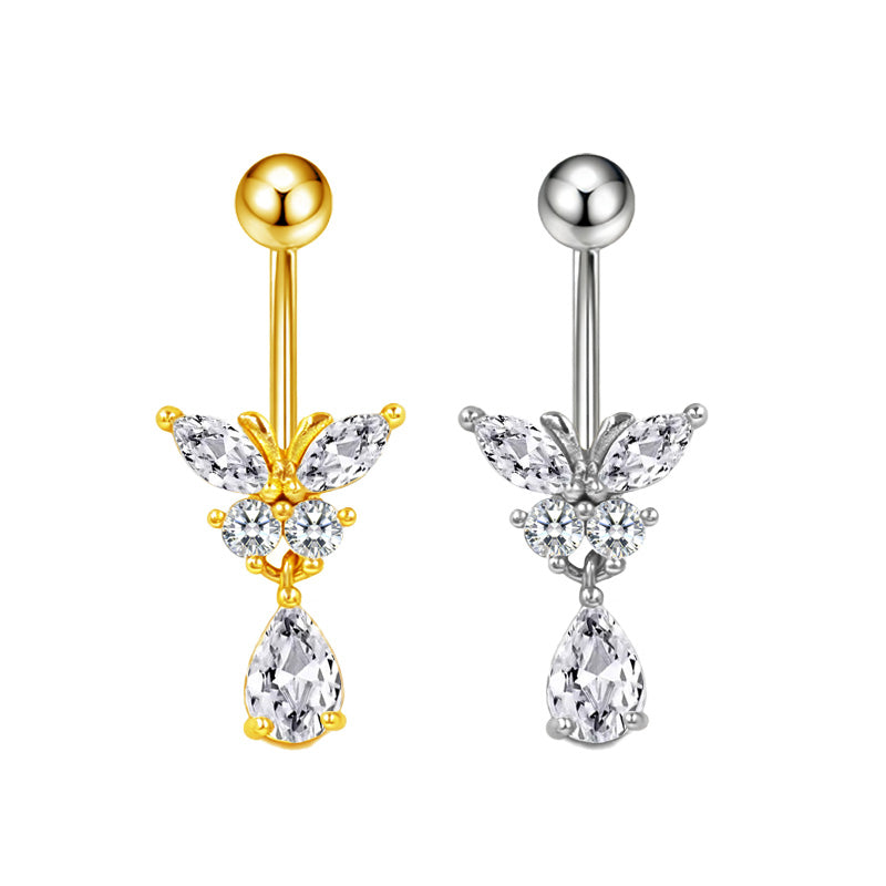 Three-dimensional Heart Shape Copper Belly Ring With Platinum Plated Electroplated Finish And Zircon Inlay