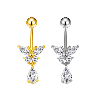 Three-dimensional Heart Shape Copper Belly Ring With Platinum Plated Electroplated Finish And Zircon Inlay