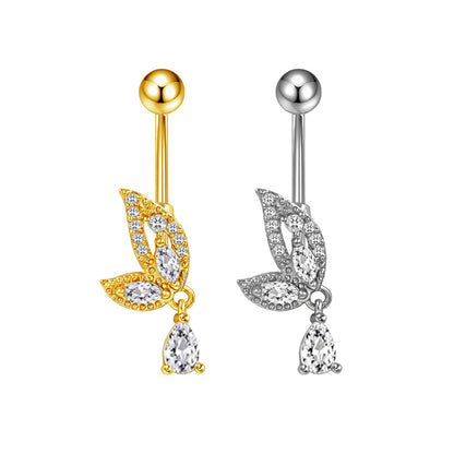 Three-dimensional Heart Shape Copper Belly Ring With Platinum Plated Electroplated Finish And Zircon Inlay