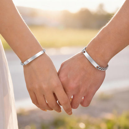 Geometric Valentine's Day Couple Bracelets For Him And Her In 304 Stainless Steel With Gun Black Plated Finish And Zircon Inlay