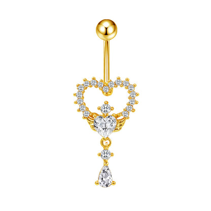 Three-dimensional Heart Shape Copper Belly Ring With Platinum Plated Electroplated Finish And Zircon Inlay